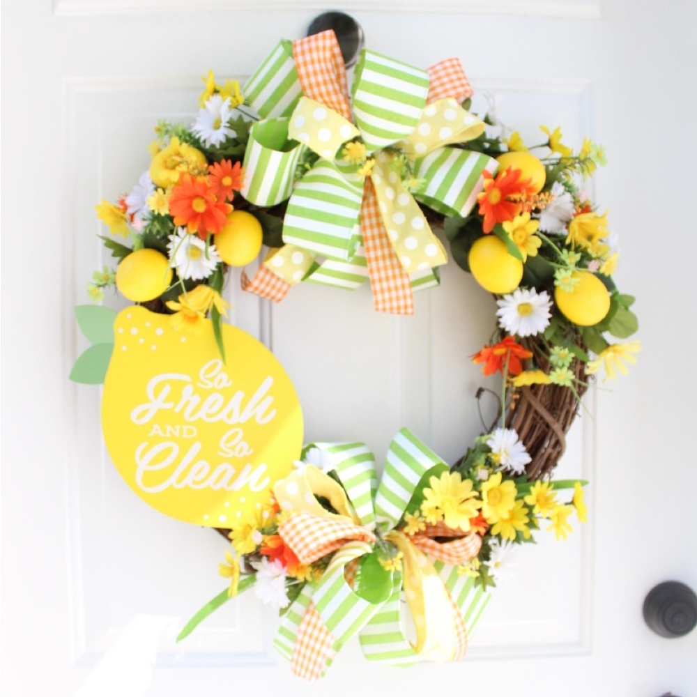 Summer Lemon Grapevine Welcome Wreath for Front Door, Citrus Decor for Home